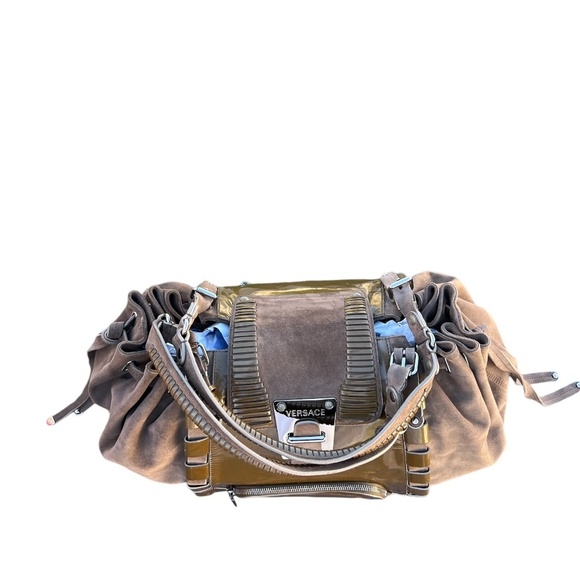 Gianni Versace Suede Brown Patent Leather Bag Shoulder Hobo Shopper Drawstring - Picture 2 of 15